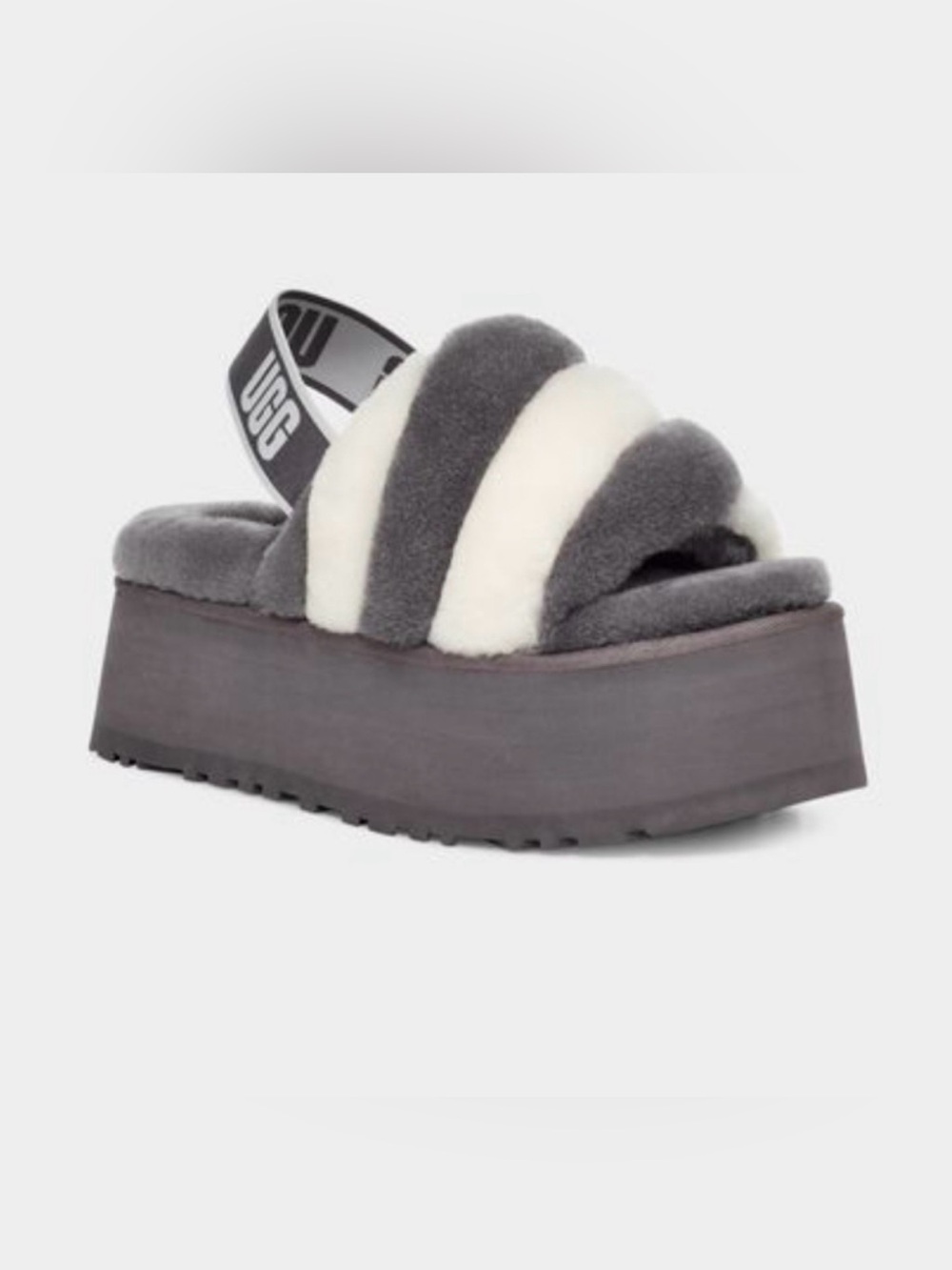 UGG Disco Stripe Slide Sandals Gray Fuzzy Platform Slingback women